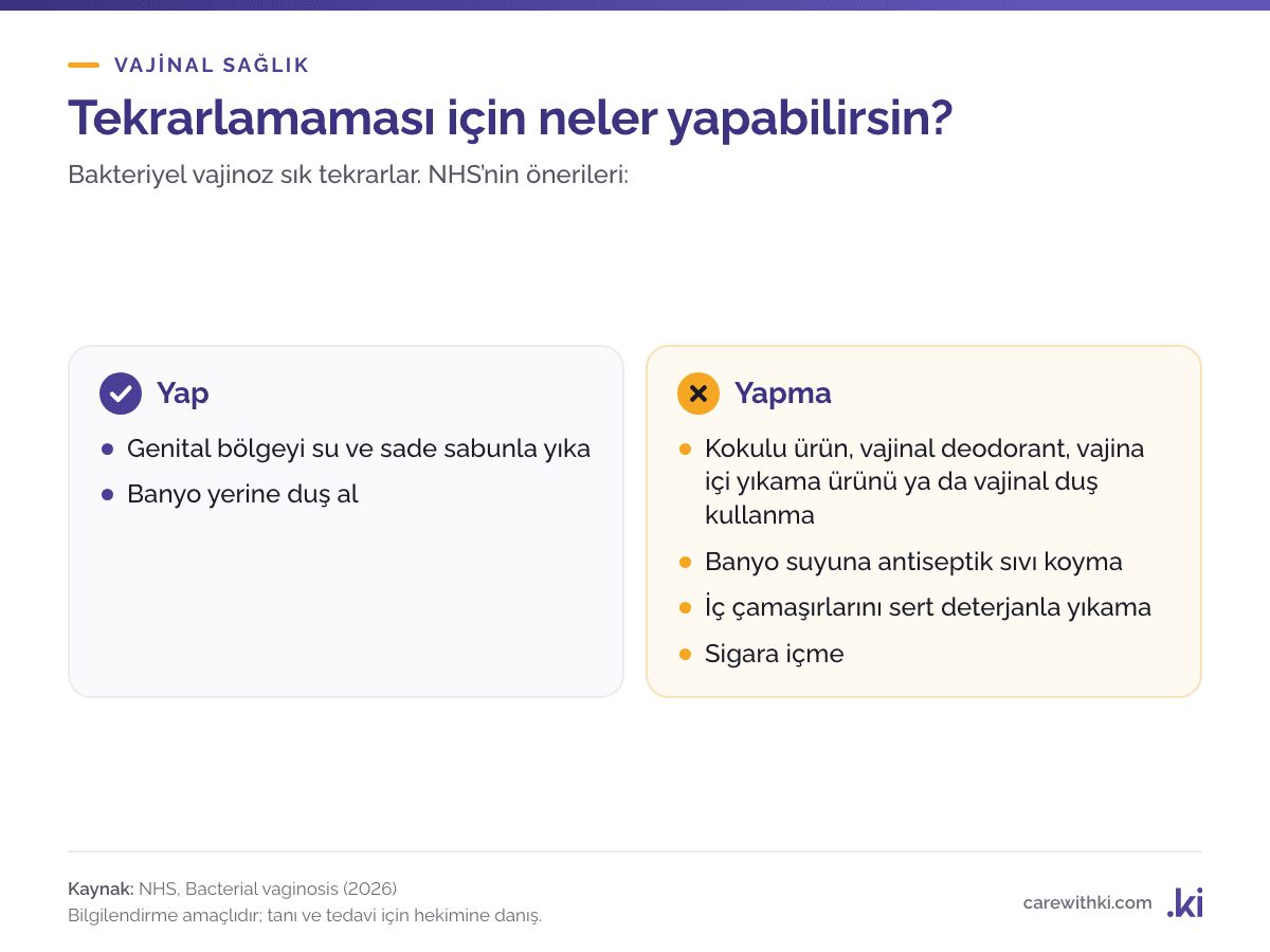 Bakteriyel vajinozun tekrarlamaması için NHS önerileri: genital bölgeyi su ve sade sabunla yıka, banyo yerine duş al; kokulu ürün, vajinal deodorant ya da vajinal duş kullanma, banyo suyuna antiseptik koyma, iç çamaşırını sert deterjanla yıkama, sigara içme