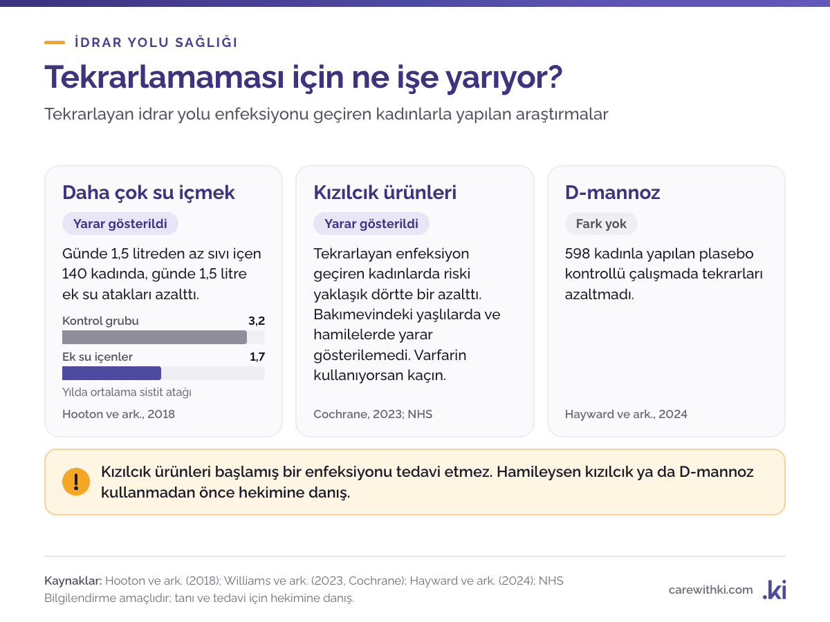 Tekrarlayan idrar yolu enfeksiyonunda araştırmalar: günde 1,5 litre ek su içenlerde yılda ortalama 1,7, kontrol grubunda 3,2 atak görüldü; kızılcık ürünleri riski yaklaşık dörtte bir azalttı; D-mannoz plaseboya göre fark göstermedi