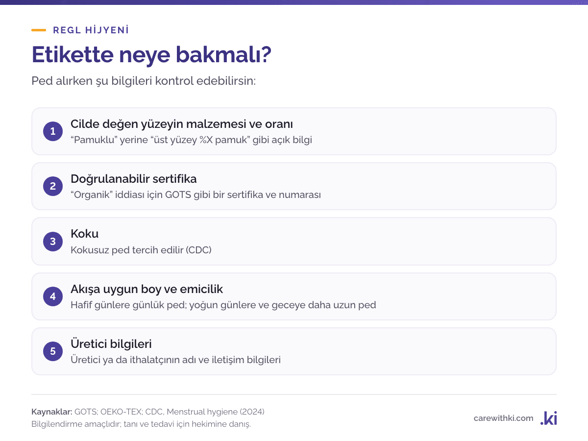 Ped alırken etikette bakılacaklar: cilde değen yüzeyin malzemesi ve oranı, doğrulanabilir sertifika ve numarası, koku içerip içermediği, akışa uygun boy ve emicilik, üretici ve iletişim bilgileri