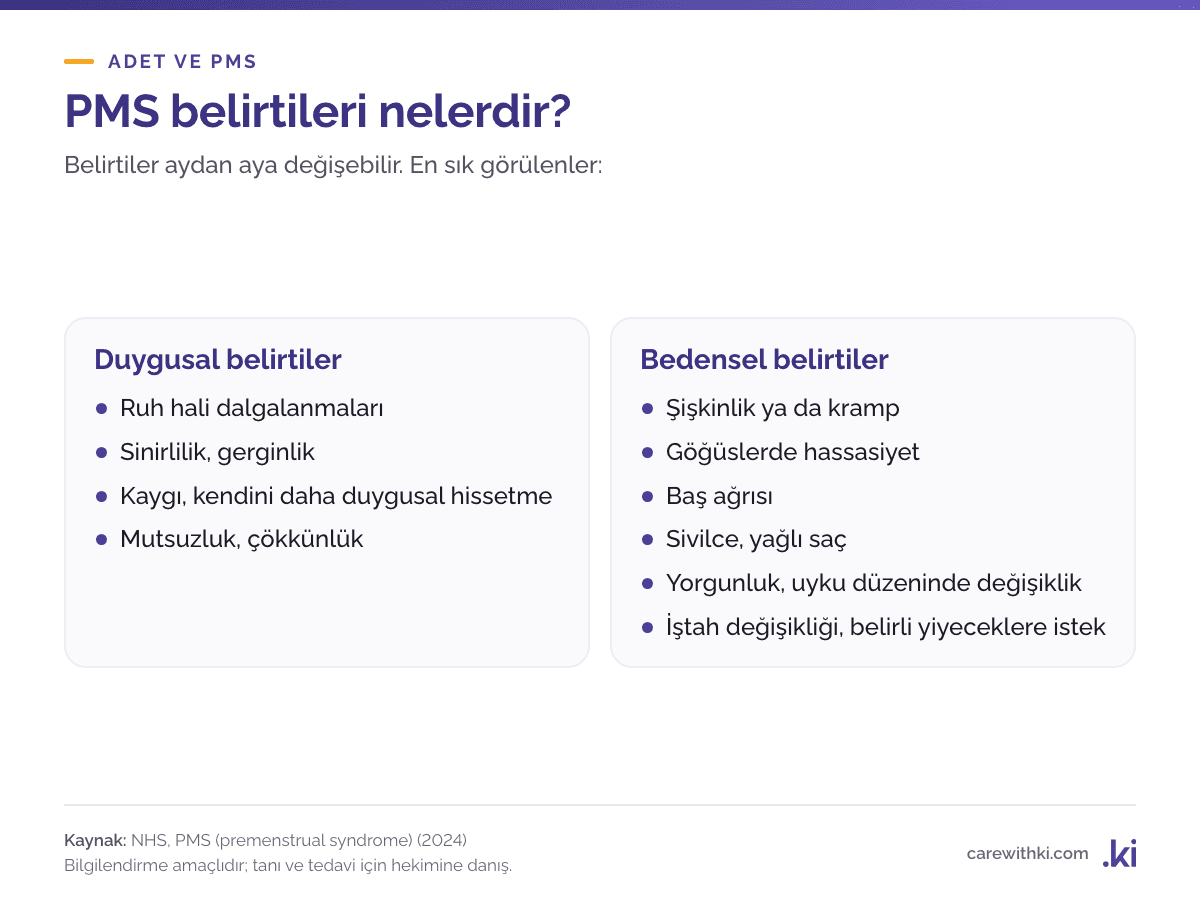 PMS belirtileri iki grupta: duygusal belirtiler (ruh hali dalgalanması, sinirlilik, kaygı, mutsuzluk) ve bedensel belirtiler (şişkinlik, göğüs hassasiyeti, baş ağrısı, sivilce, yorgunluk, iştah değişikliği)