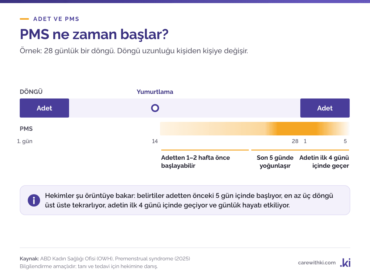 PMS takvimi, örnek 28 günlük döngü: belirtiler yumurtlamadan sonra, adetten 1–2 hafta önce başlayabilir, son 5 günde yoğunlaşır ve adet başladıktan sonraki 4 gün içinde geçer